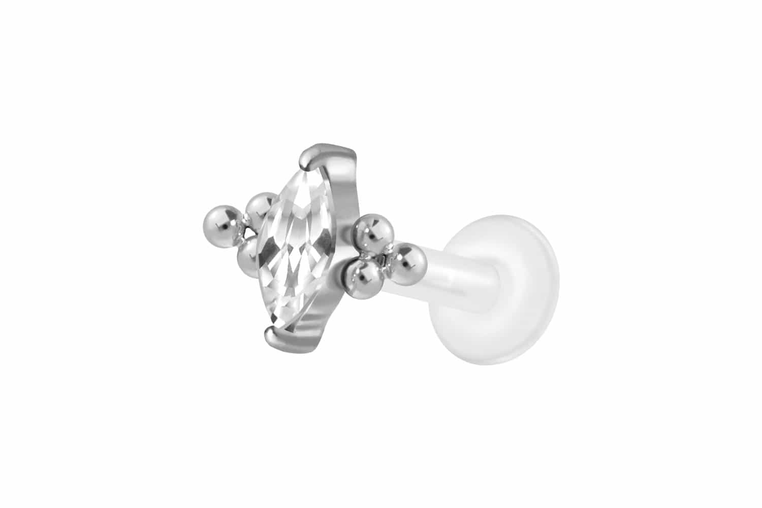 PTFE Labret Piercing mit Innengewinde + Titan-Aufsatz KRISTALLTROPFEN + 6 KUGELN